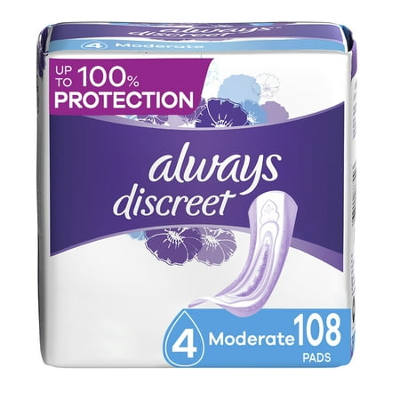 Always Discreet Incontinence Pads for Women, Moderate Absorbency, 108 Ct