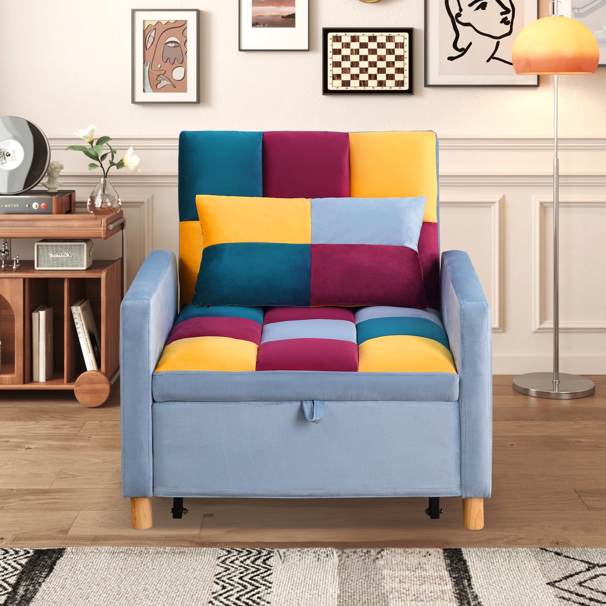 Aukfa 3-in-1 Sleeper Chair, Convertible Pull Out Chair Bed for Small Space, Patchwork