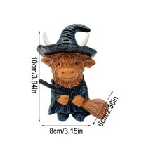 Luoshdecor Highland Cow Figurines，Halloween Fall Witch Broom Highland Cows Gnomes Decor, Resin Statue Calf Gifts for Halloween Home Garden Kitchen Office Tray Table Decor