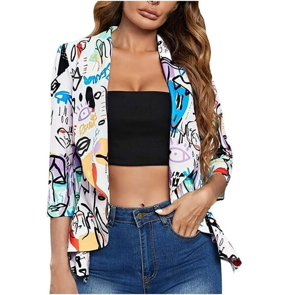Lolmot Womens Classic Draped Open Front Blazer Trendy Long Sleeve Abstract Print Jacket Coat Lapel Slim Fit Casual Cardigan Commuter Jacket