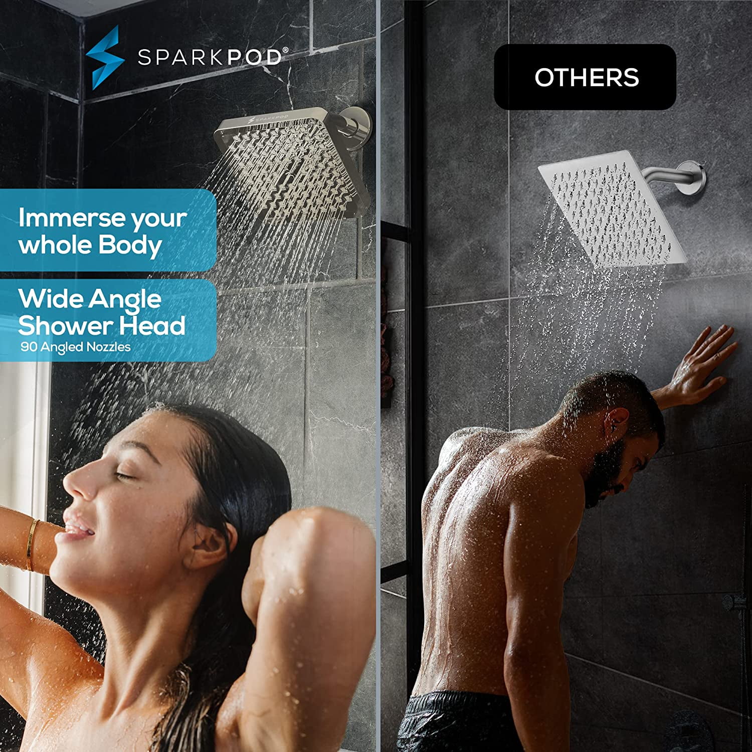 SparkPod High Pressure Rainfall Shower Head, Easy Install, Energy Saving (6 inch Square, Brushed Nickel)
