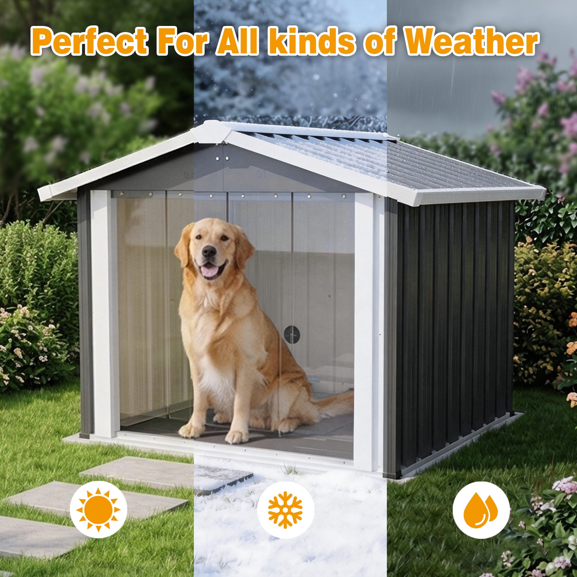LZBEITEM Waterproof Metal Dog House for Small to Large Sized Dogs, Indoor Outdoor Doghouse Dog Kennel  Weather Pet Shelter