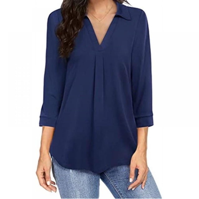 Haut en Chiffon pour Femmes, Col en V, Manches Sept Points, Noir