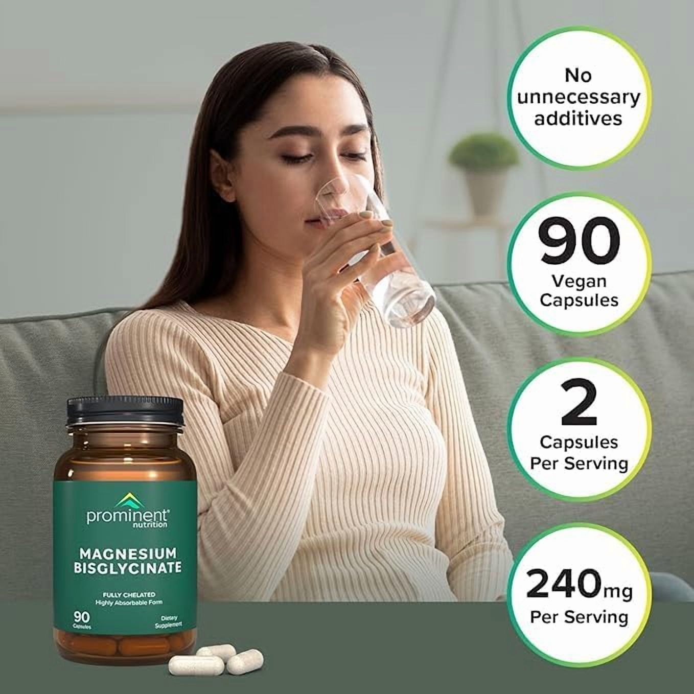 Prominent Nutrition Magnesium Bisglycinate Capsules, Brain Health Support, Magnesium Supplement, 240 mg, 45 Day Supply