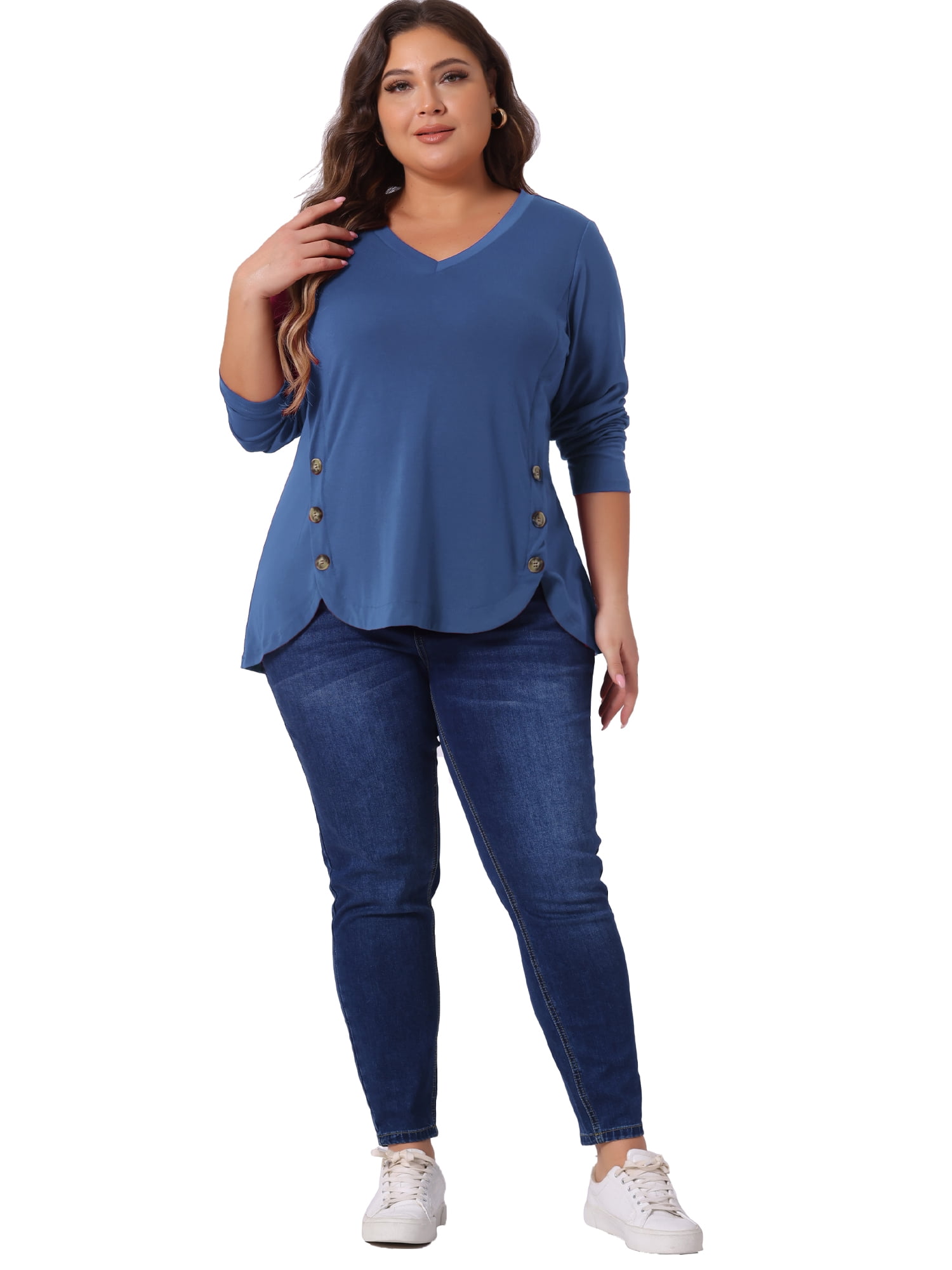 DARING DIVA Women's Plus Size Long Sleeve Button Side Swing Blouses 3X Blue