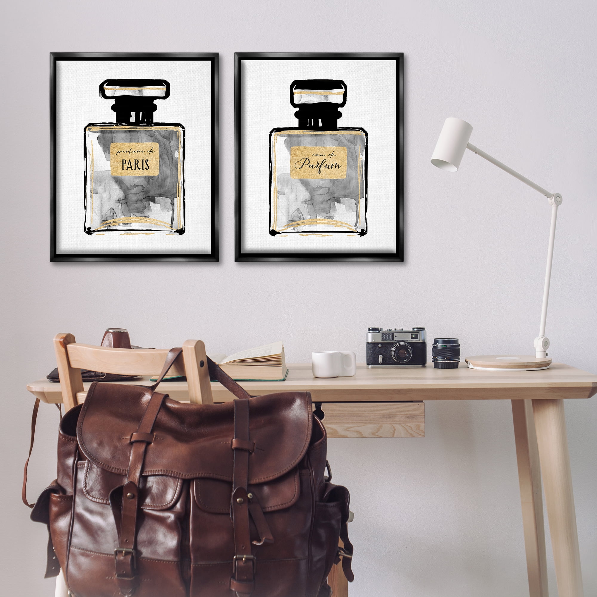 Stupell Industries Gray Gold Parfum Bottle Fashion Painting Black Floater Framed Canvas Art Print Wall Art, 31 x 25, Set of 2
