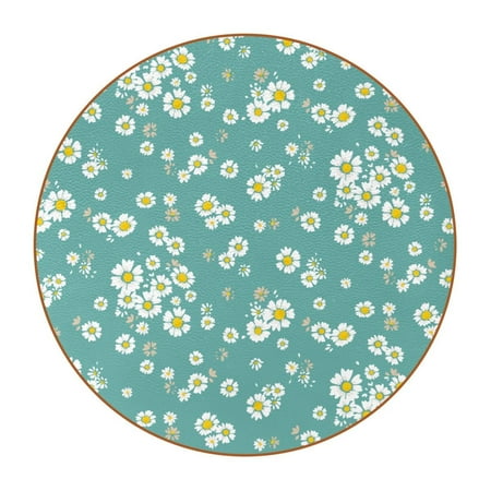

OWNTA Tiny White Daisy Flowers Blue Background Pattern Premium Microfiber Leather Round Coasters (6PCS) - 11x11 cm/4.3x4.3 in - Durable & Stylish Cup Mat Set