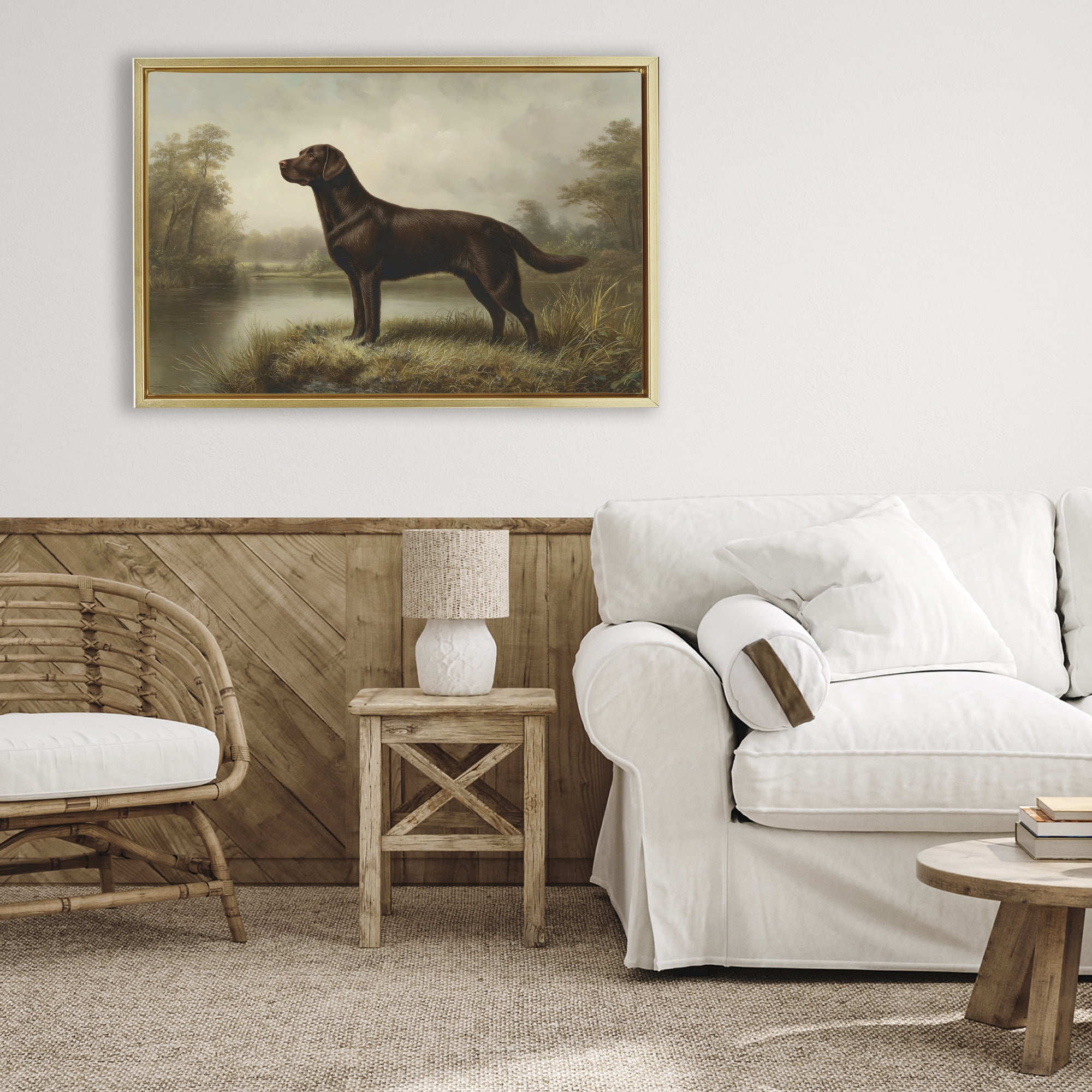 Stupell Industries On Alert Chocolate Lab Gold Framed Floater Canvas Wall Art, design by Petal Prints Design