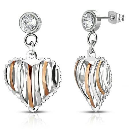 Stud Post Pierced Earrings - Stainless Steel Cut-Out Heart Pierced Drop Dangle Cubic Zirconia Stud Post Earrings