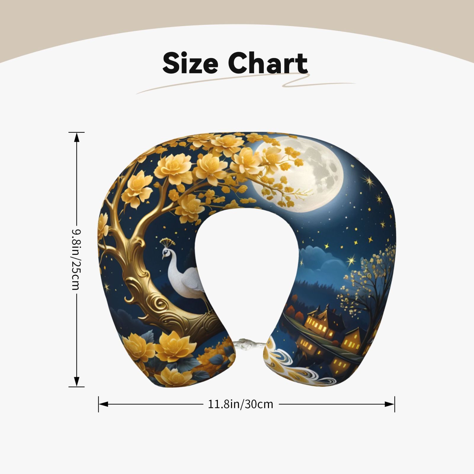 Xecao Moonlit Golden Tree Peacock Print Memory Foam Cervical Neck Pillow Versatile U-Shaped Pillows for Home,Office,Camping,Travelling,Soft Washable Cover