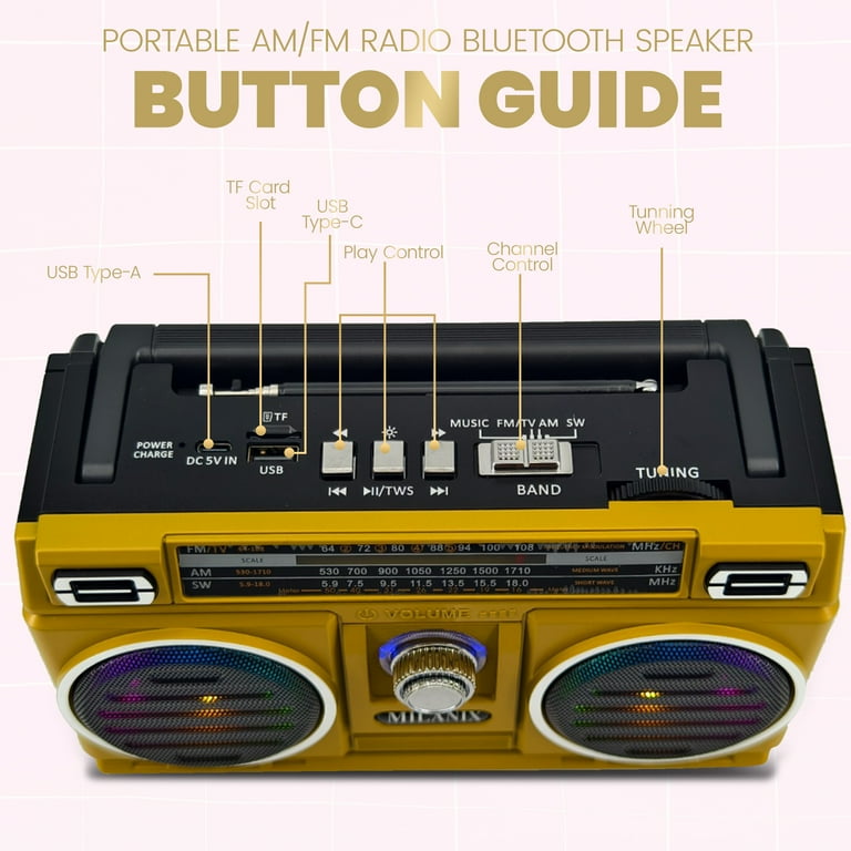 Milanix Bluetooth Rechargeable Portable AM/FM/SW Radio, Battery
