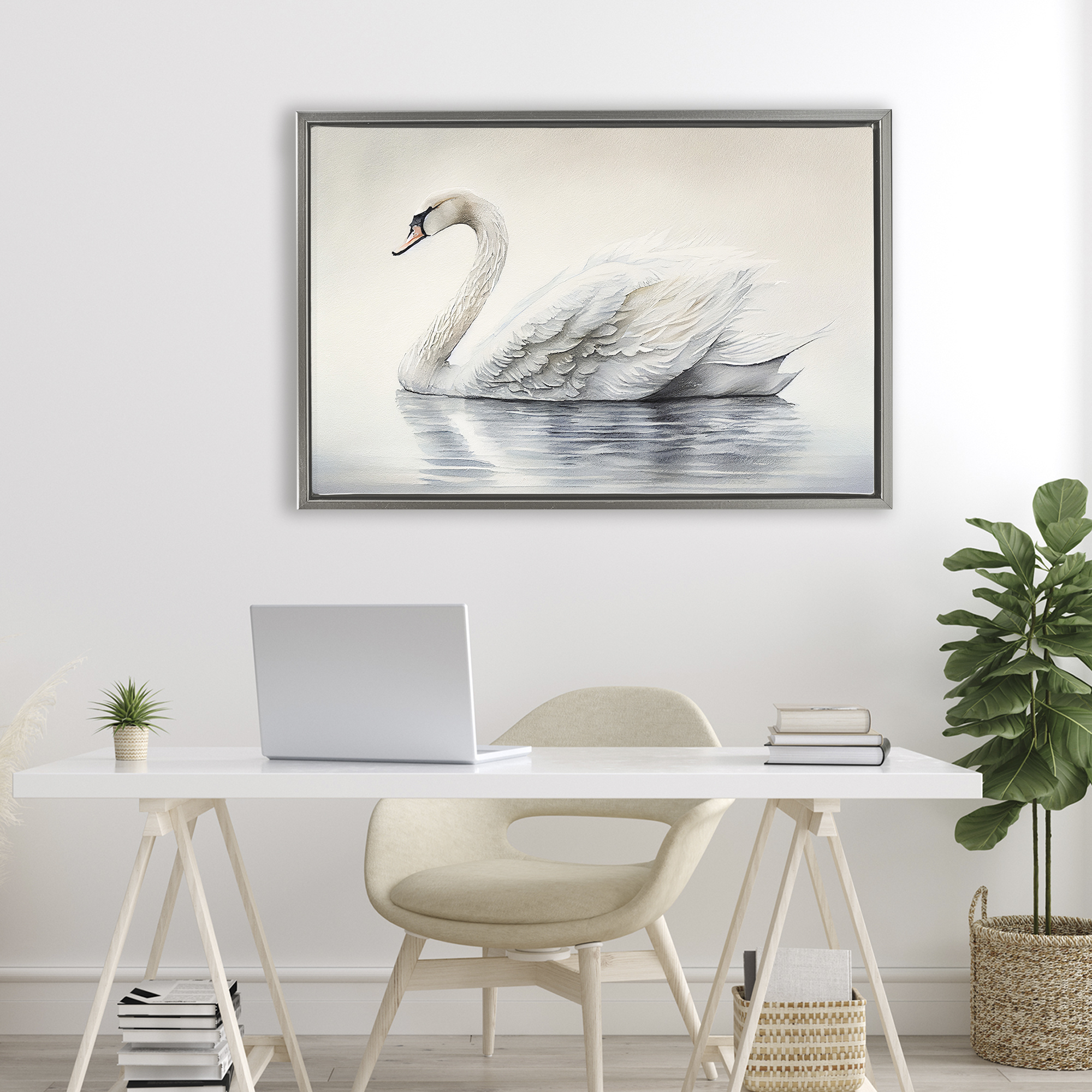Elegant Floating Swan Gray Framed Floater Canvas Wall Art, design by Sasha