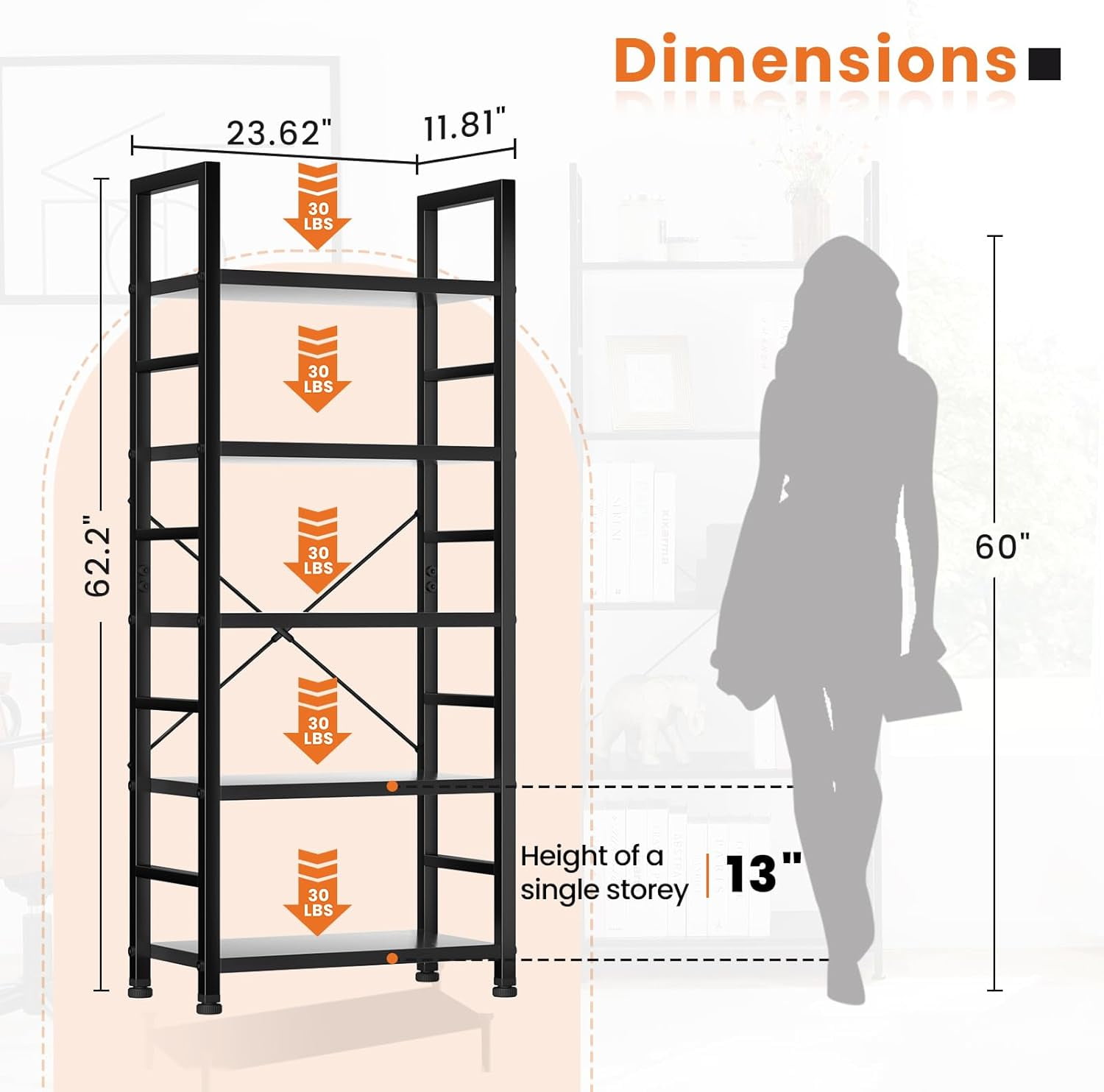 Atilioo 5 Tier Bookcase, 62" Tall Bookshelf, Wooden Storage Organizer with Adjustable Shelves for Living Room, Home Office, Kitchen, Black