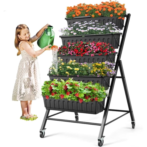 SEJOV Vertical Raised Garden Bed Planter Box, 5 Tiers Vertical Garden Planter with Drainage System and 4 Hooks for Plants Vegetables Flowers (Black with Wheels)