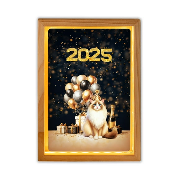 Happy New Year Ragdoll Welcome 2025 Balloon Firework Party Acrylic Plaque with Wood Photo Frame Box Cat Lover Kitten Owner Gifts Idea Light Box - 01014