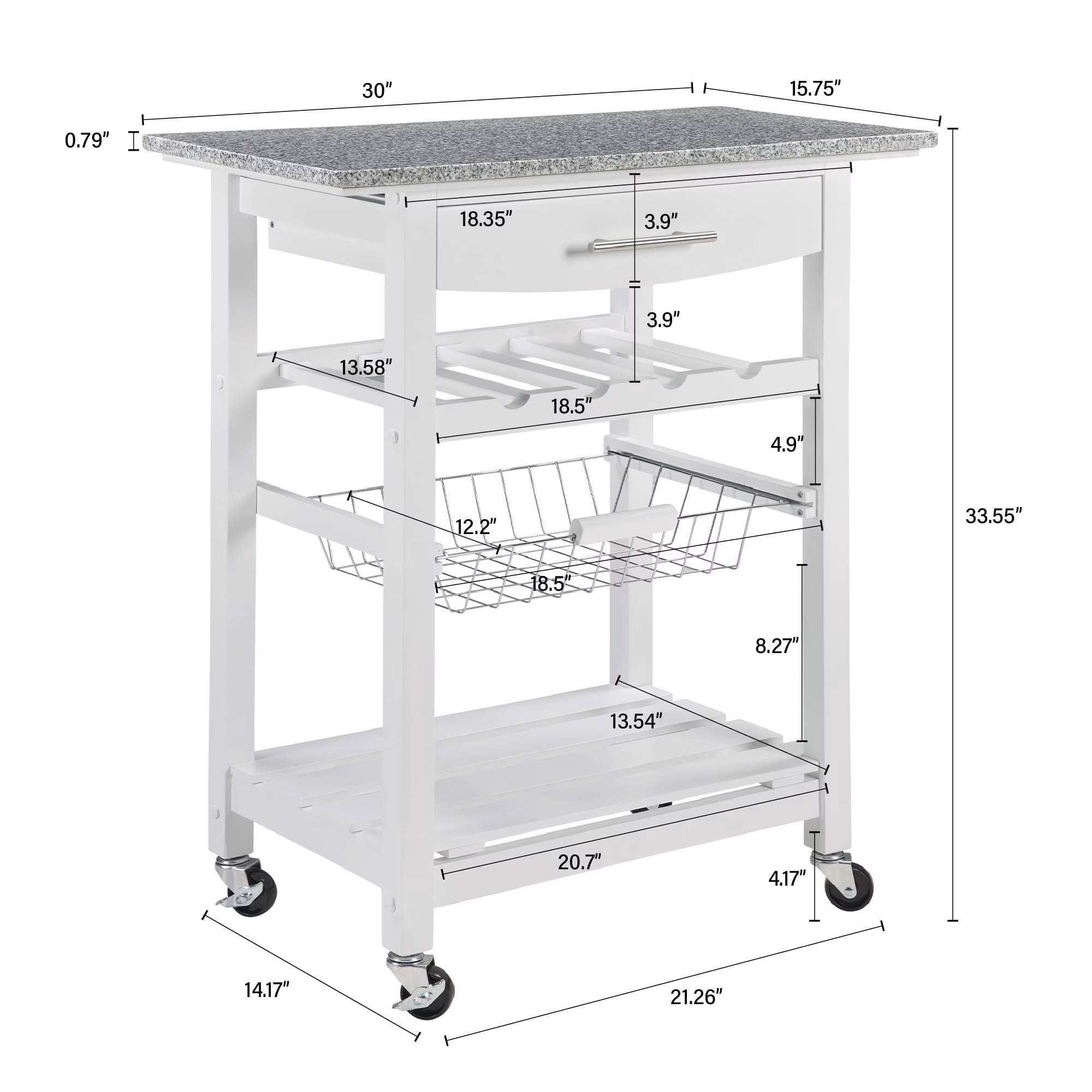 Mobile Rolling Kitchen Island Cart with Marble Top, Kitchen Trolley with Drawer & Slide-Out Wire Basket, Lockable Wheels, Portable Serving Cart for Kitchen, Dining Room, White