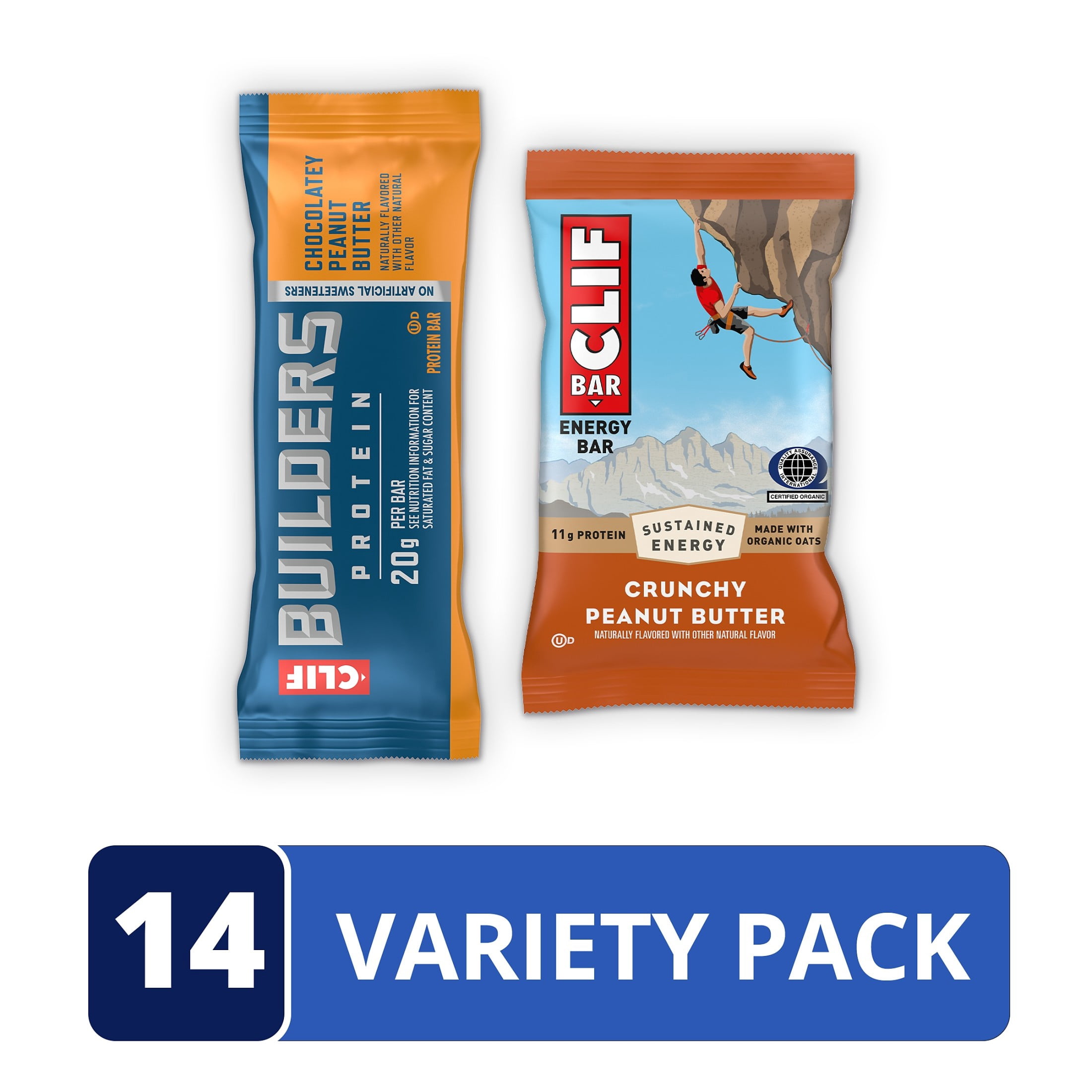 CLIF BAR Energy Bars and CLIF BUILDERS Plant Based Protein Bars, Peanut Butter Variety Pack, 14ct