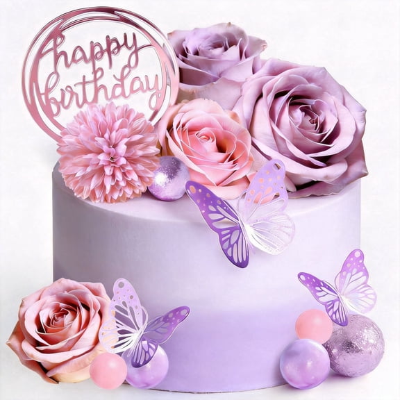 Flower Cake Toppers with Artificial Purple Roses Butterflies Balls Cake Decorations Set for Birthday Wedding Baby Shower Party Supplies