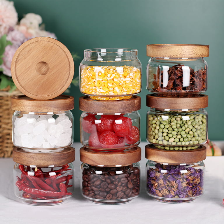Tzerotone 8 Pcs Spice Containers - 8.5oz Glass Spice Jars With Acacia Lid