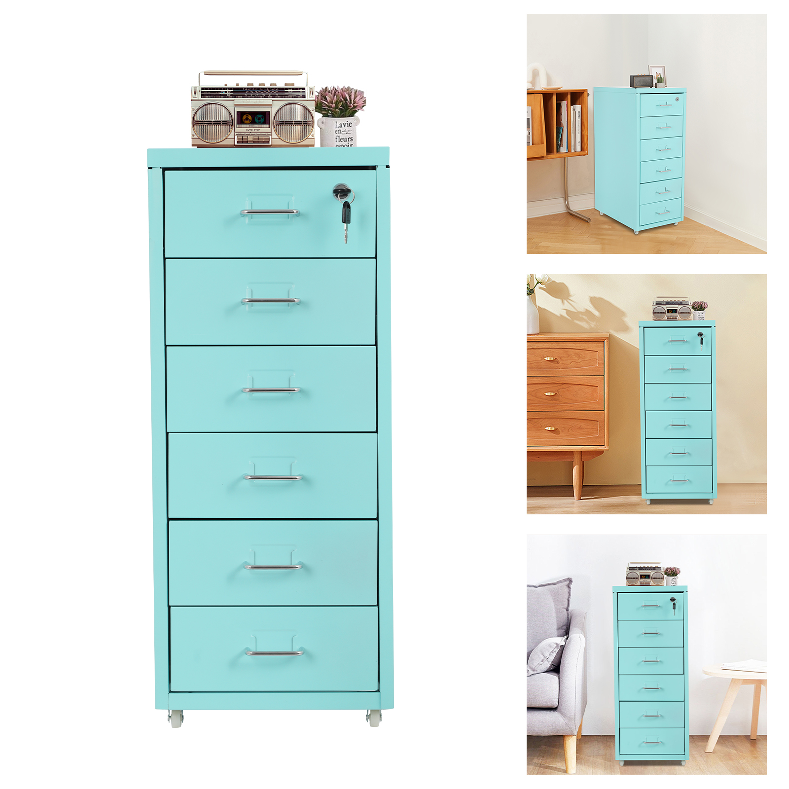 1 PCS  Rectangular Filing Cabinet with Wheels 6 Tiers Vertical File Cabinet, Drawer Type Blue Color Metal File Cabinet with Lock, used in Home, Office, Store, Shop