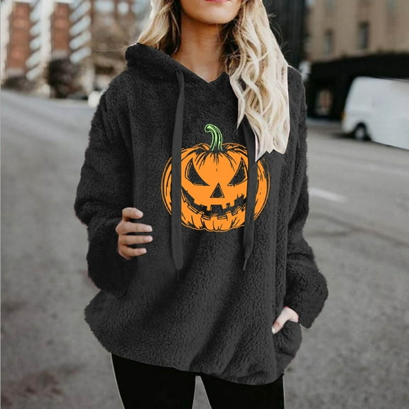 Sakmal Plus Size Womens Hoodies Pumpkin Print Fall Halloween Gray Sweatshirts Trendy Hoodies with Pockets