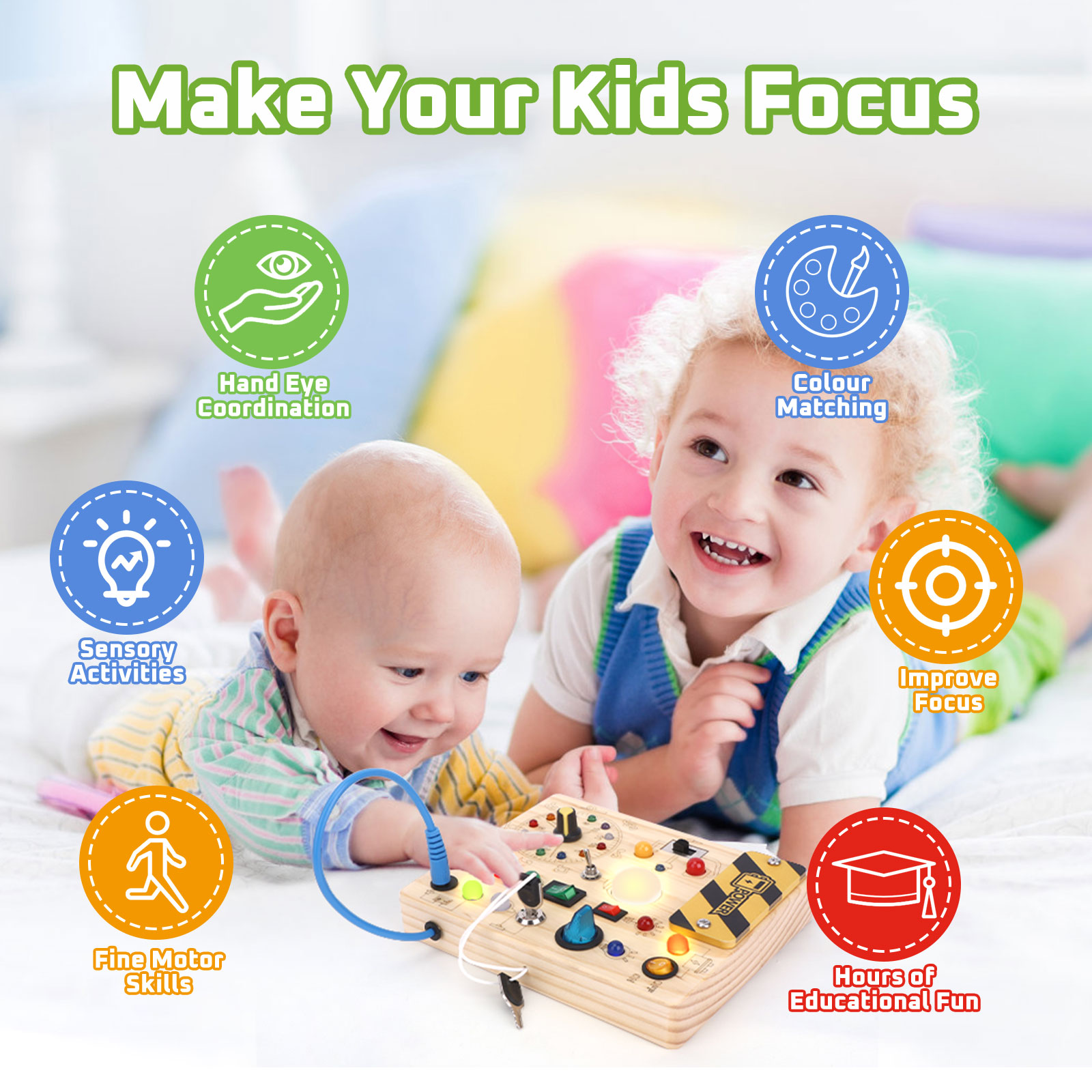 Sumsoltic Montessori Busy Board with LED Lights for 1+ Years