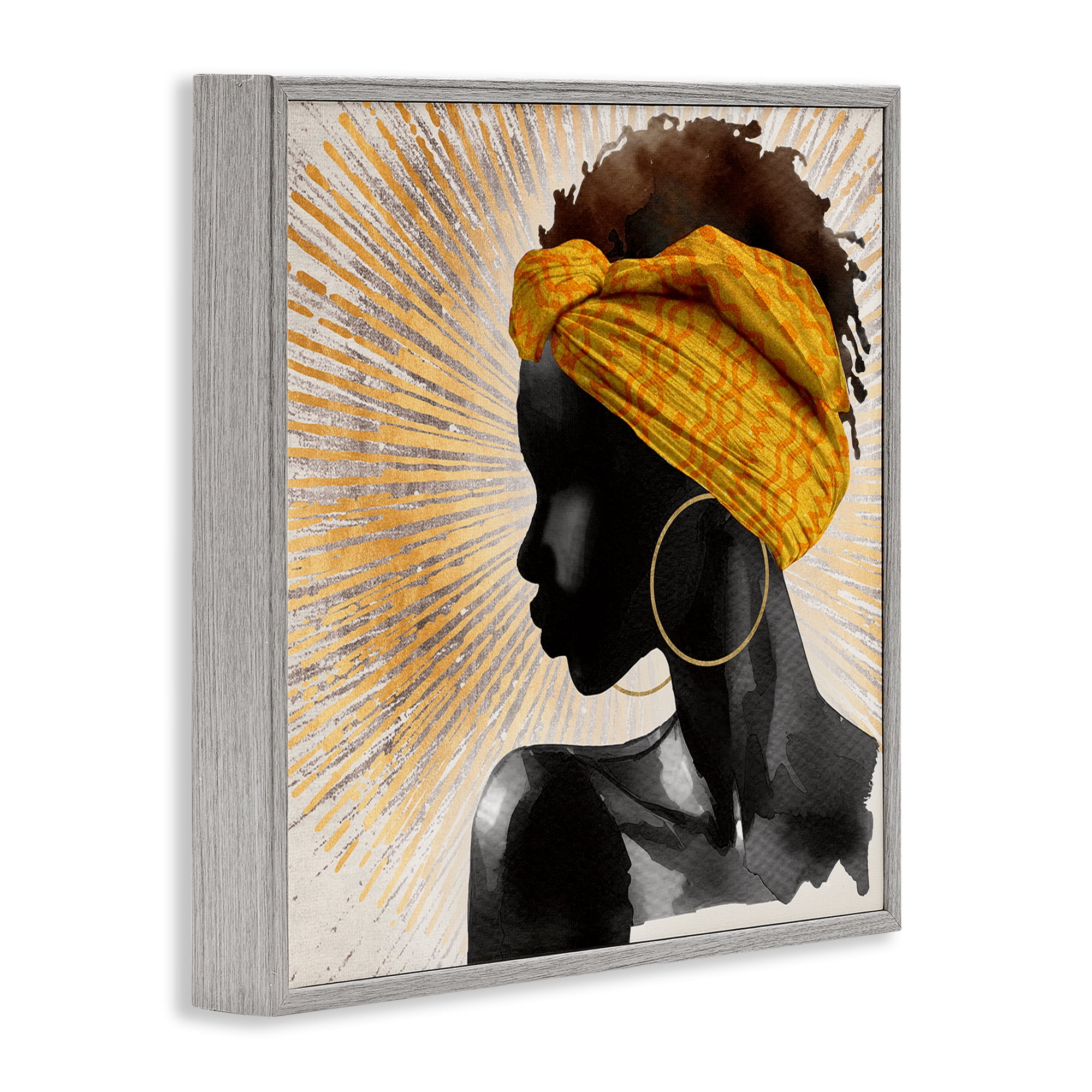 Stupell Industries Golden Sunburst Profile with Headwrap Gray Framed Giclee Art, design by CAD Designs