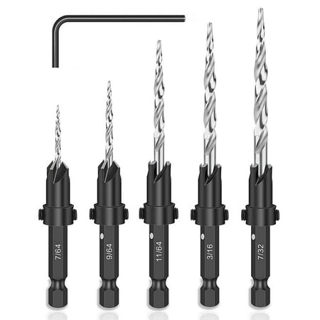 

Maozh01 5Pcs 1/4 Inch Hex Shank Chamfer Countersink Drill Bits HSS Woodworking Countersink Drill Bit Set with Small Wrench HSS Tapered Twist Drill Bit Kit