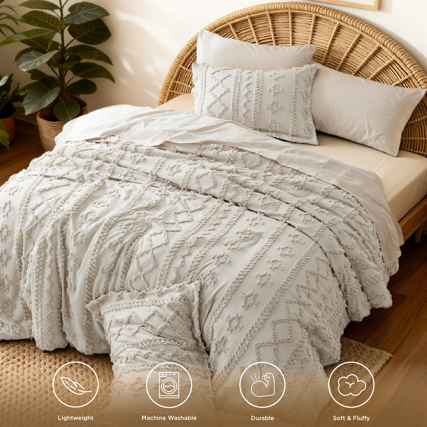 U by Bedsure Tufted Boho Comforter Set, 3 Pieces Farmhouse Shabby Chic Embroidery Bed Set, Soft Jacquard Comforter for All Seasons,Queen,Natural