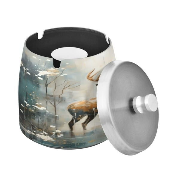 ALAZA Cigar Ashtray with Lid Deers in Blue Ash Tray for Cigarettes Smokeless Ashtrays