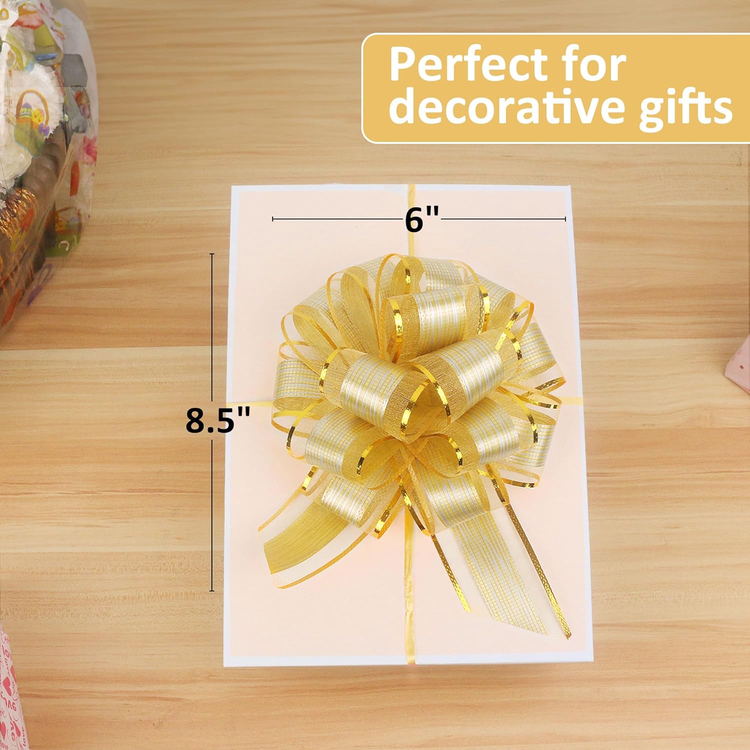 10 Pack Large Pull Bows 6 Inch - Big Gold Bows for Gift Wrapping, Ribbon Pull Bows for Mother's Day, Wedding Baskets Birthdays Gift