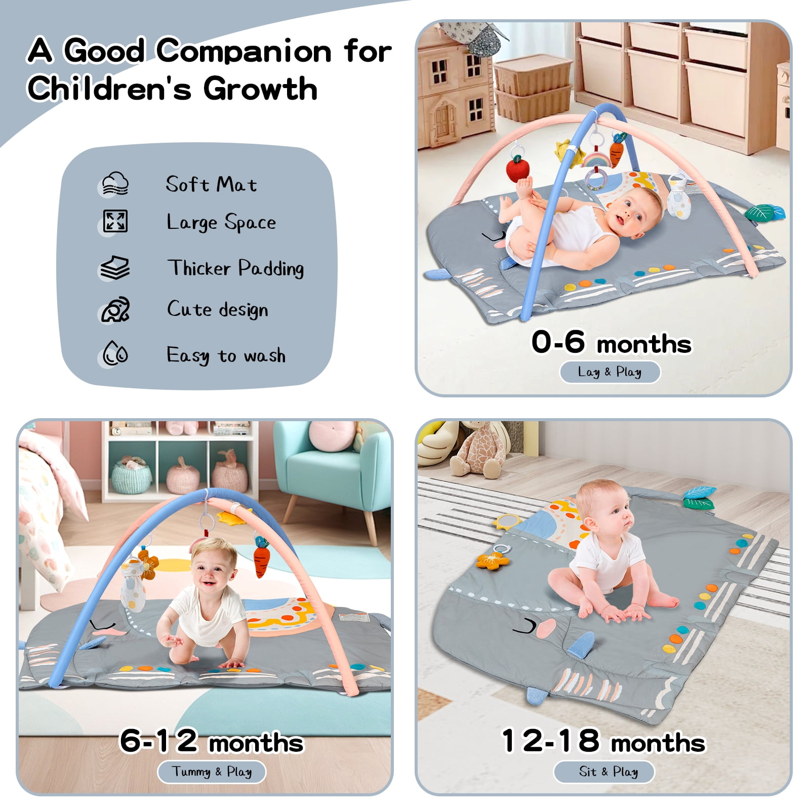 BEINGMATE Care Baby Play Gym Tummy Time Mat, Oversize Elephant Activity Mat with 6 Detachable Toys, Promote Motor Skills & Sensory Development Mat, Newborn Infant Baby Essentials Gift