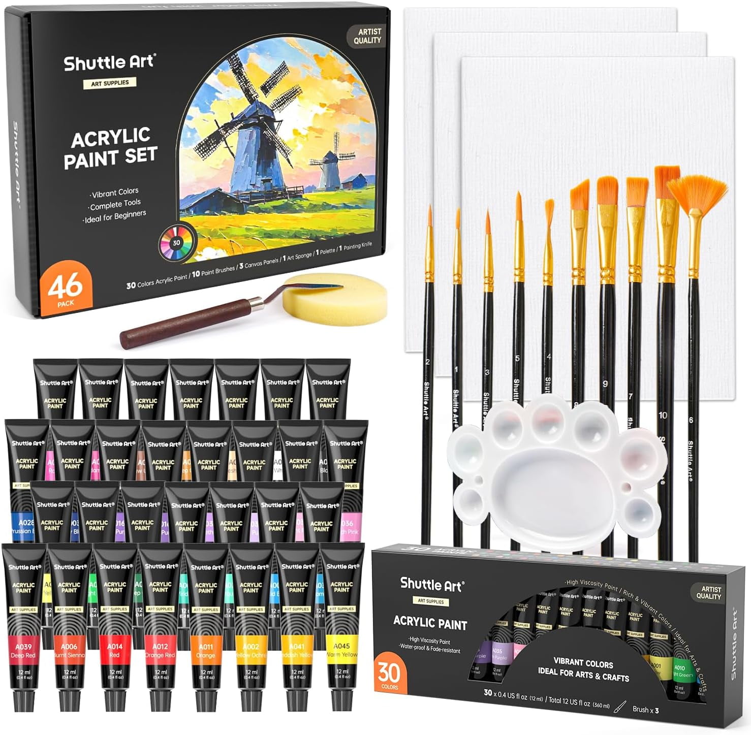 46 Pack Acrylic Paint Set, Shuttle Art 30 Colors Acrylic Paint with 10 Paint Brushes 3 Painting Canvas 1 Paint Knife Palette Sponge, Gift Set for Kids, Adults , Beginners, School Activities