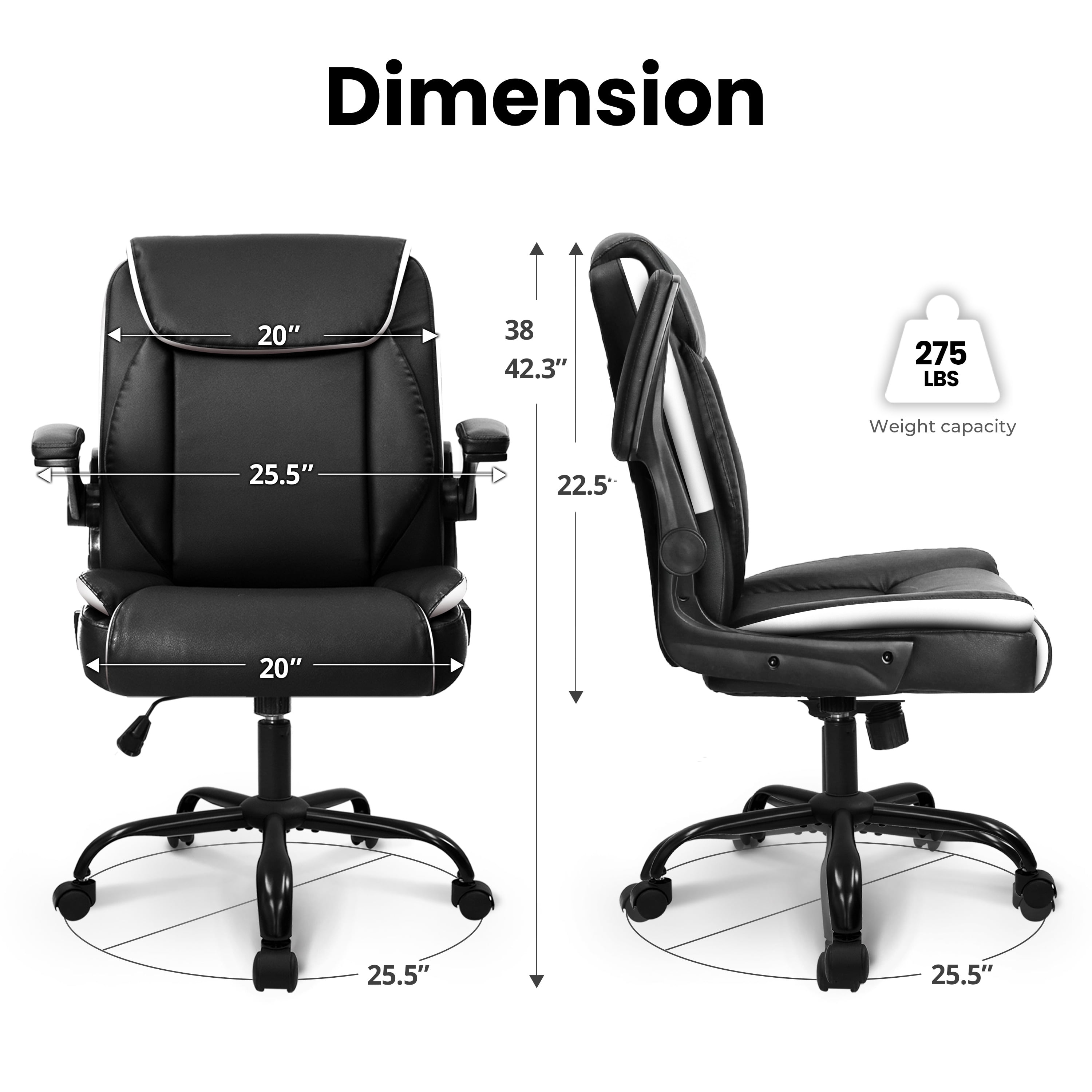 NEO CHAIR Desk Office Gaming Computer Chair Ergonomic Executive Mid-Back Leather with Adjustable Padded Flip-Up Armrests Cushion Wheels Swivel for Home Study Task (Black White)