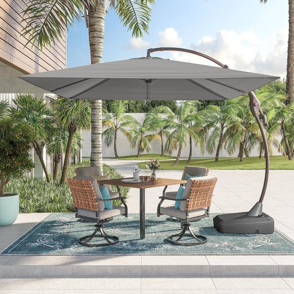 GRANDPATIO x SUNBRELLA 10x10 Ft Square Patio Umbrella Deluxe Curvy Aluminum Offset Umbrella, Outdoor Cantilever Umbrella with Base, Canvas Charcoal