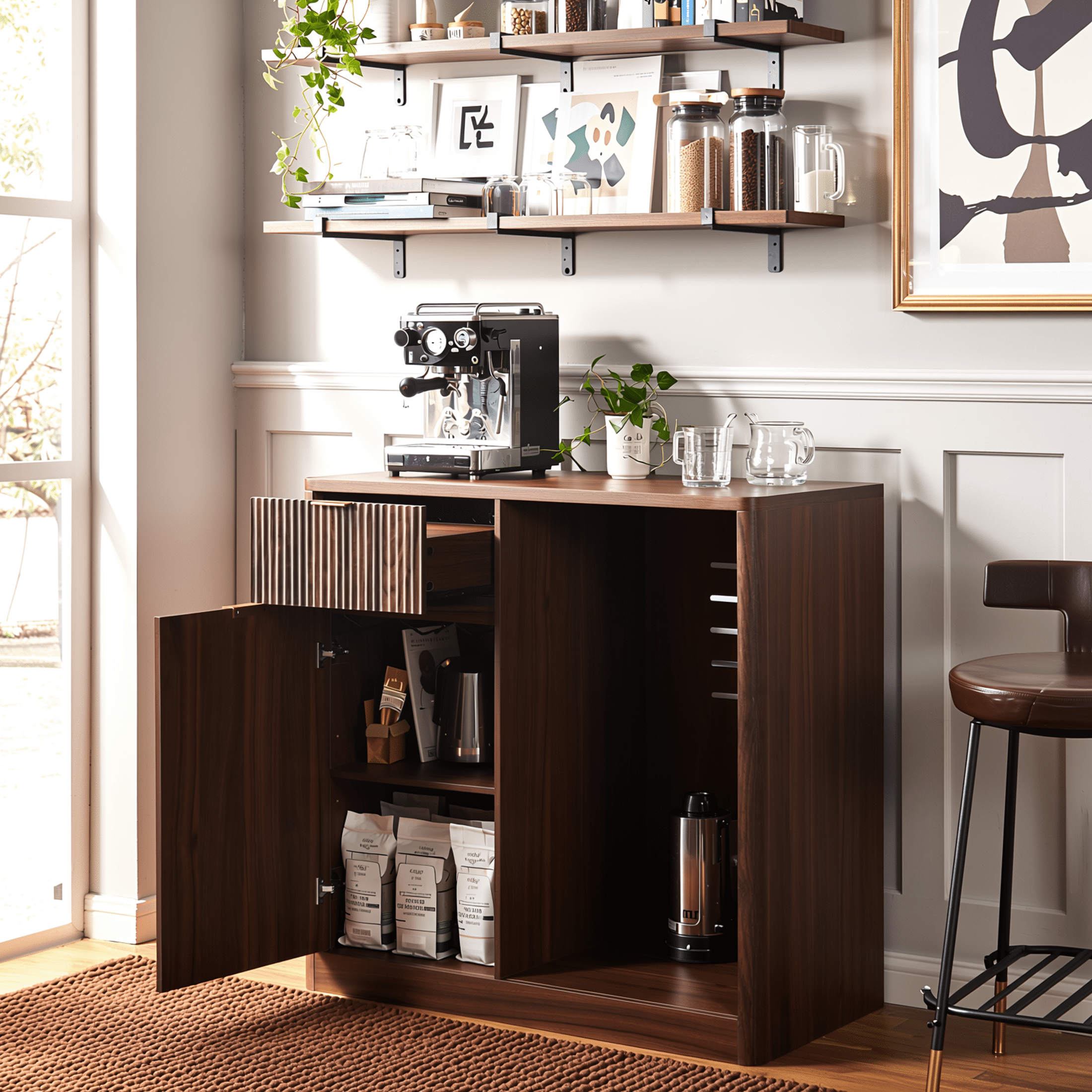 Homy Casa 39.4" Fluted Kitchen Island with Mini Fridge Space, Power Outlet and Storage, Dark Walnut