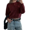 thumbnail image 2 of Women'S Button Up Crew Neck Cardigan Long Sleeve Knitted Sweater Outwear Wine Red M, 2 of 7
