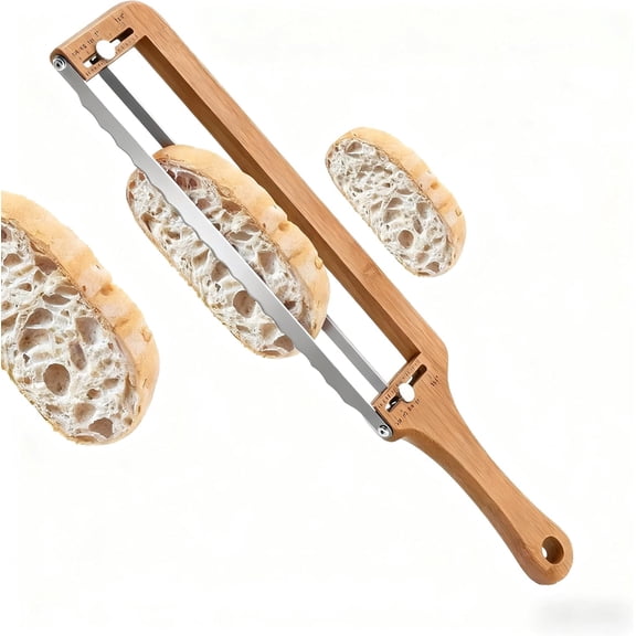 Adjustable Wooden Bread Bow Knife with Thickness Guide, Serrated Stainless Steel Sourdough Slicer, Manual Cutter for Homemade Bread & Bagels (15.75")