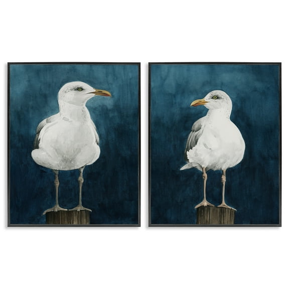 Stupell Industries Seagull Standing on Log Animals Painting Black Framed Art Print Wall Art, 11 x 14, Set of 2
