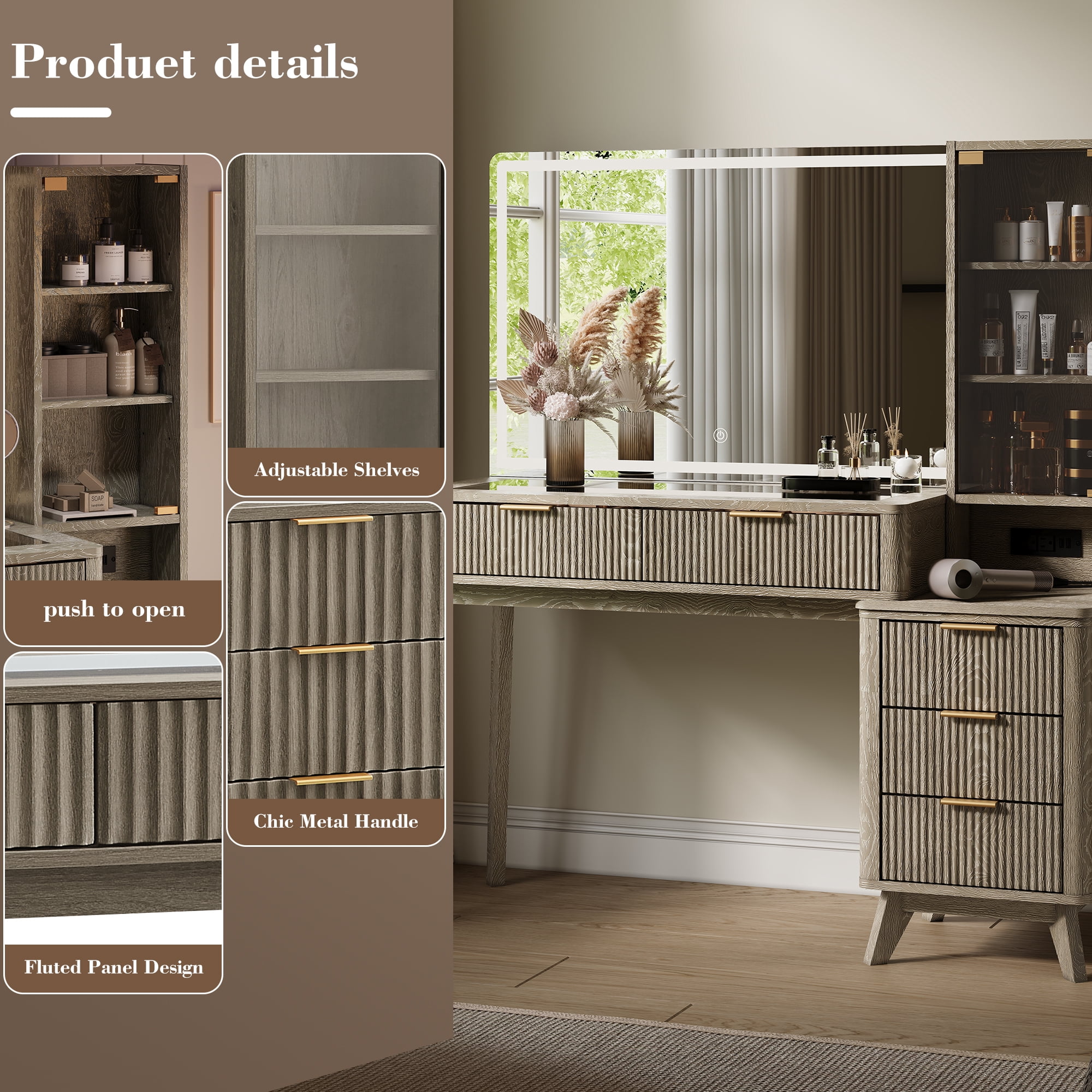 KeyWhat 48" Fluted Vanity Desk with 36" Mirror and Lights, Modern Makeup Table with 5 Drawers, Charging Station, Adjustable Shelves - Grey Alder