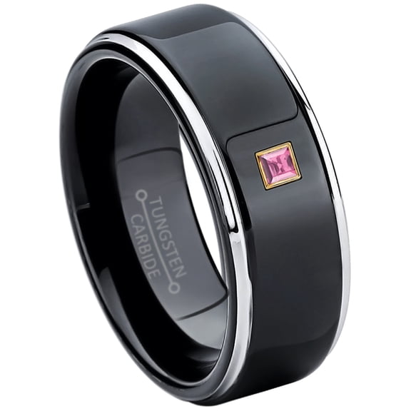 0.05ctw Princess Cut Pink Tourmaline Tungsten Ring - 8MM Polished Black IP Stepped Edge Tungsten Carbide Wedding Band - October Birthstone Ring - 14kt Yellow Gold Bezel - TN118PSG-1PTMs12.5