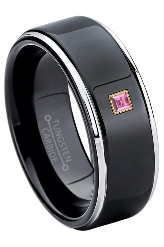 0.05ctw Princess Cut Pink Tourmaline Tungsten Ring - 8MM Polished Black IP Stepped Edge Tungsten Carbide Wedding Band - October Birthstone Ring - 14kt Yellow Gold Bezel - TN118PSG-1PTMs13