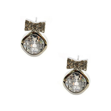 Wedding Earrings Silver Crystal Cushion Cubic Zirconia Bow Stud Earrings