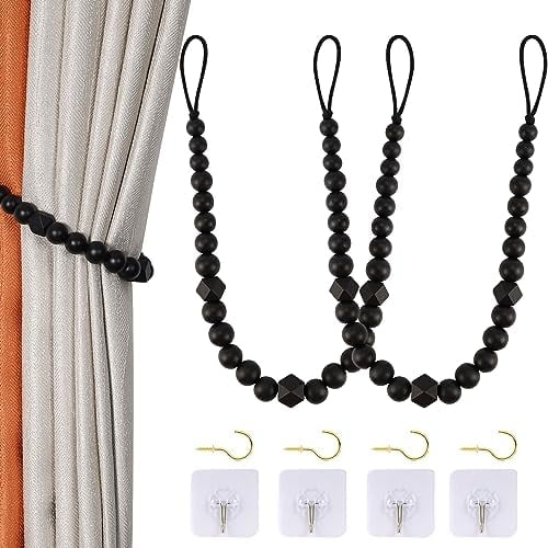 Wood Bead Curtain Tiebacks, Set of 2 Curtain Holdbacks for Thin or Thick Window Draperies, Boho Farmhouse Curtain Tiebacks with Hooks, Curtain Tie Backs for Home Office Room Decor