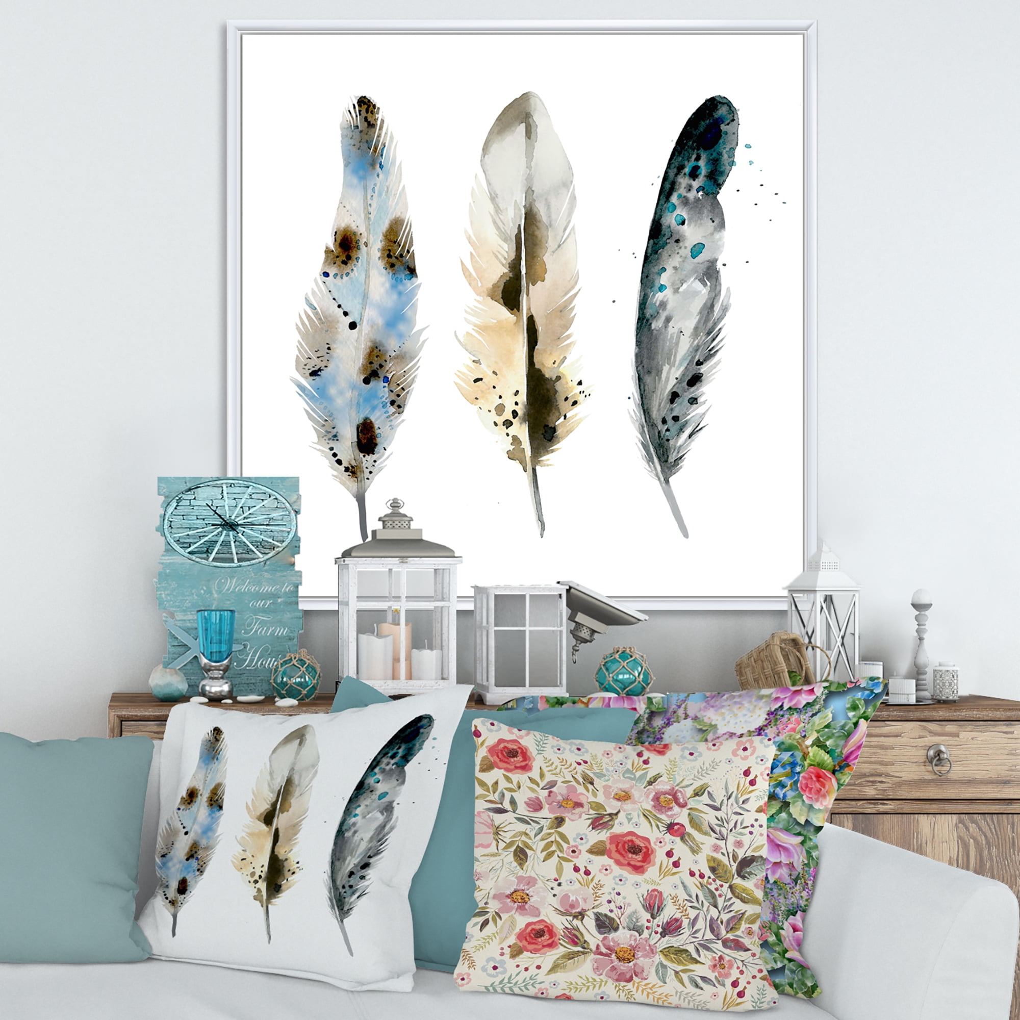 Designart 'Colourful Boho Art Feathers V' Bohemian & Eclectic Framed Canvas Wall Art Print