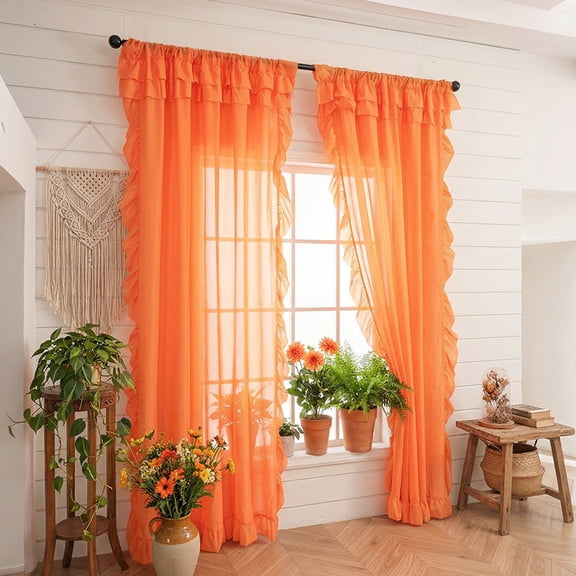 XmhyTop-A 2-Pack Sheer Ruffle Window Curtain Panels, 100x200cm Farmhouse Cottage Curtains, Flowy Ruffled Bedroom Curtains, Semi-Sheer Panels,Orange