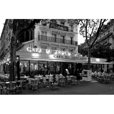 Chairs and tables in a restaurant at dawn, Cafe Du Trocadero, Paris, Ile-de-France, France Print Wall