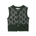 thumbnail image 2 of HH TRAF 2024 Chaleco de suéter para mujer, verde oscuro, cuello redondo, sin mangas, estampado geométrico, botonadura sencilla, tops de punto de otoño para mujer, moda, 2 of 5