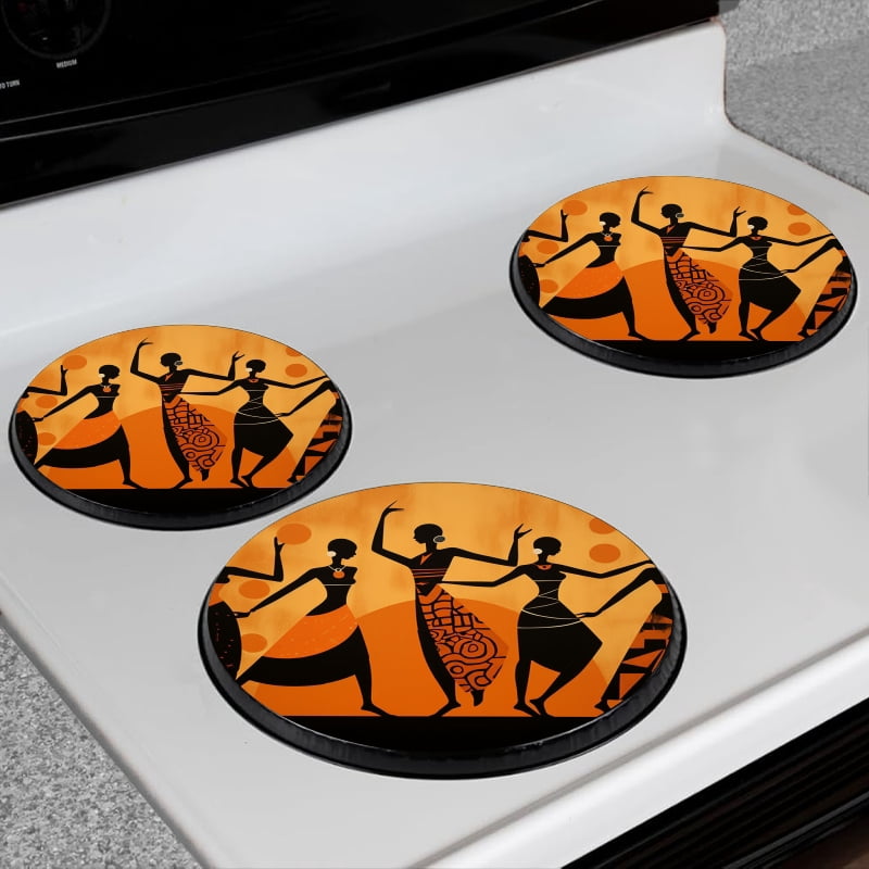 Bahomeck Gas Stove Burner Cover Set Of 4,African Women Dancing In The Style Of Ndebele Art Metal Electric Stove Burner Covers,Protecting Gas Stoves,Kitchen Decor，8 Inch And 10 Inch
