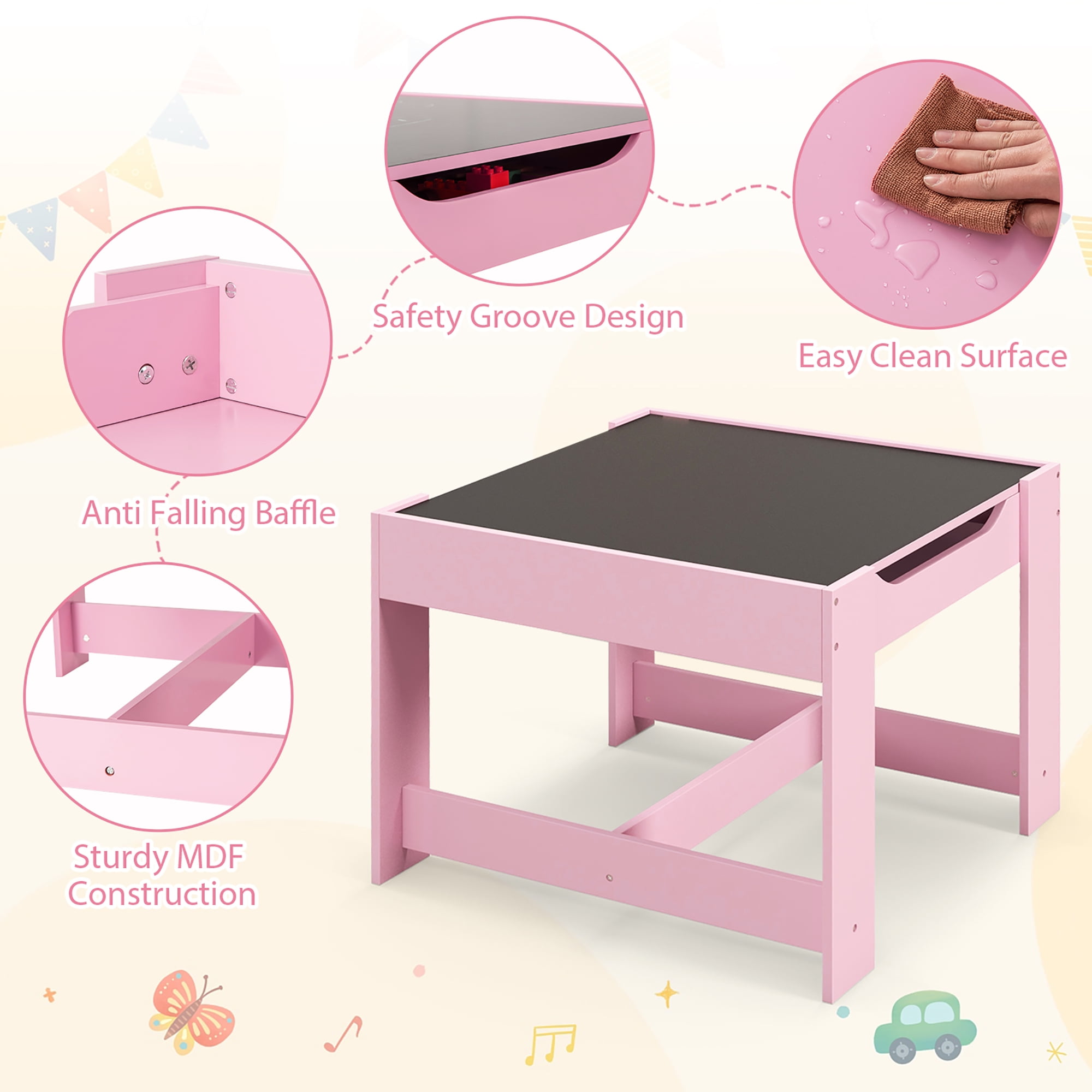 Gymax 3 in 1 Kids Wood Table Chairs Set w/ Storage Box Blackboard Drawing Pink